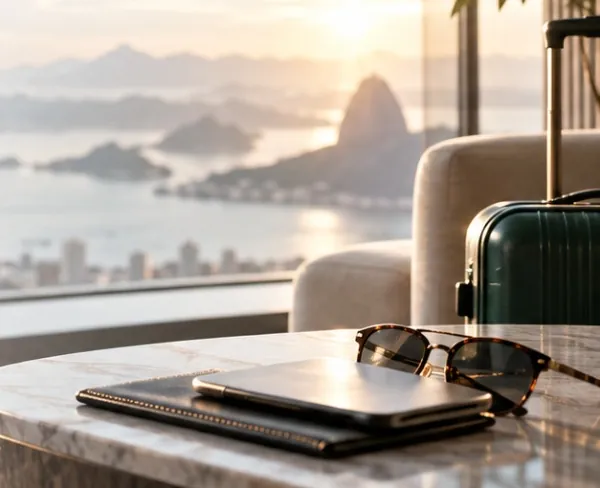 Sala com vista para o mar e as montanhas, com poltrona, mala de viagem verde e óculos escuros sobre a mesa